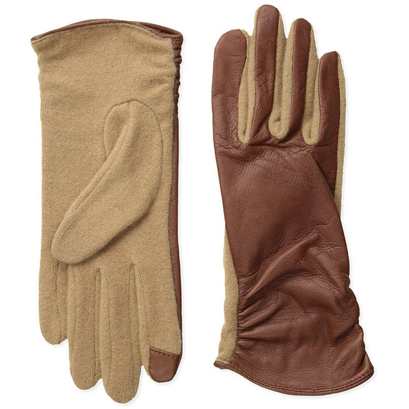 Echo Touch - Ruched Leather Mix Women Gloves Brown Size M - Picture 1 of 1